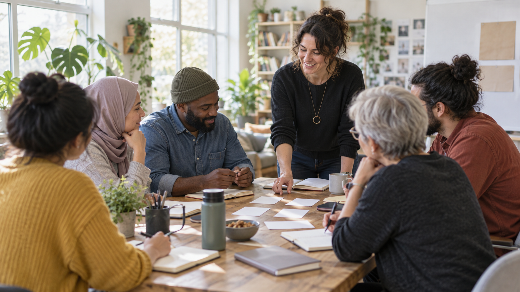 Adult learners collaborating around a table in a bright workshop