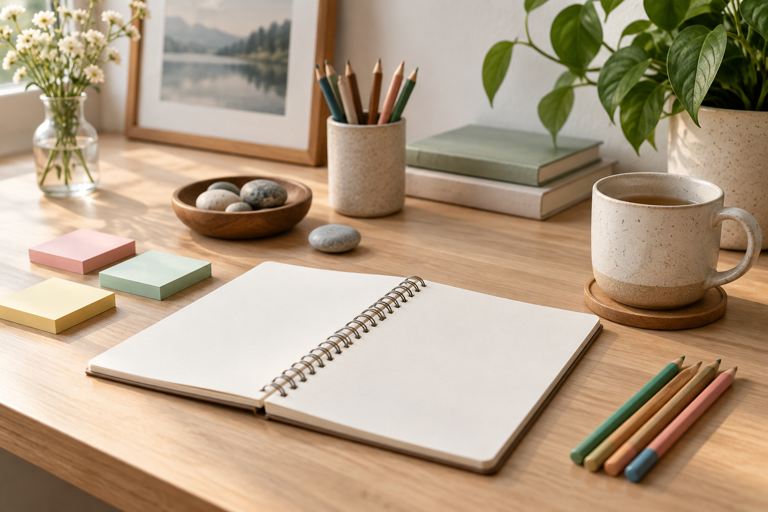 Notebook and learning materials arranged on a light wooden table